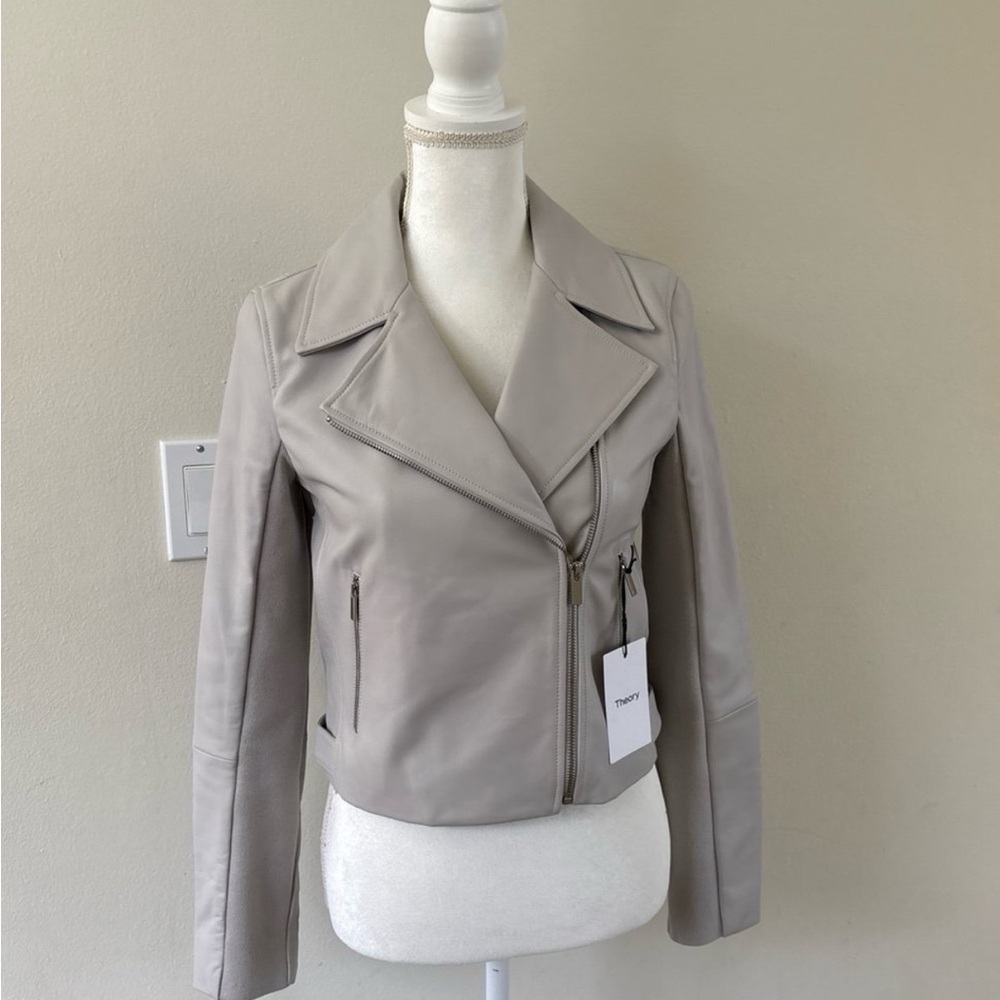 Theory Women’s New Moto Genuine Leather Jacket Lunar Rock Size Small Worn Once